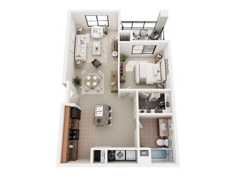 A top-down view of a modern apartment with a kitchen, living room, and bathroom.